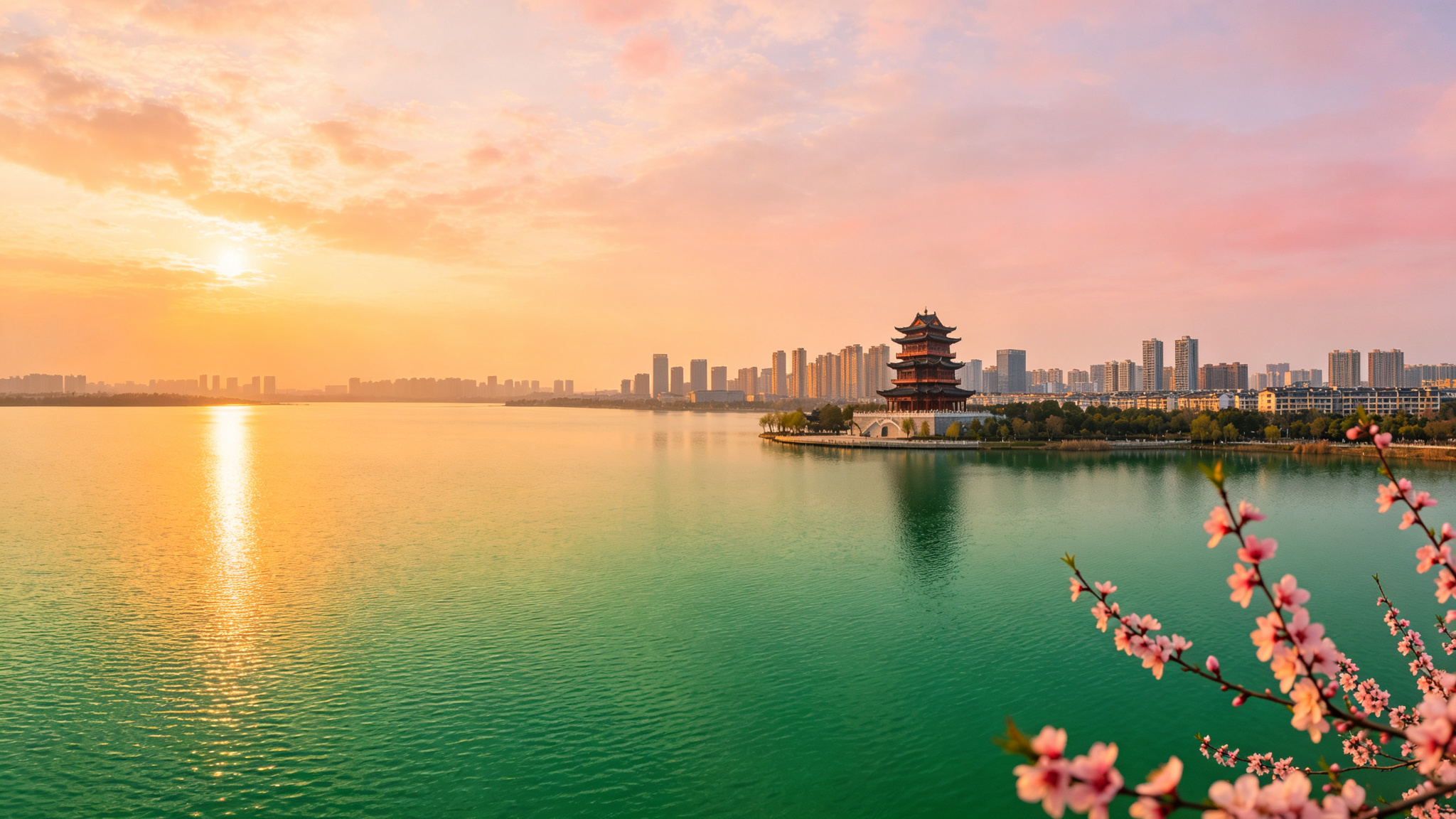 常德柳叶湖与城市天际线黄昏全景